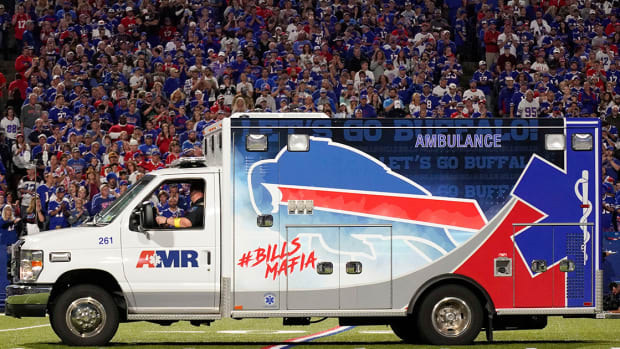 Buffalo Bills cornerback Dane Jackson (30) ileaves in an ambulance during the second quarter against the Titans at Highmark Stadium Monday, Sept. 19, 2022, in Orchard Park, New York.